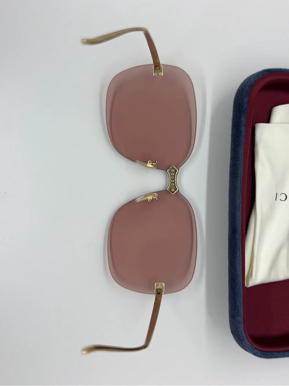 Gucci Gold-Trim Rimless Sunglasses with Rose Lenses